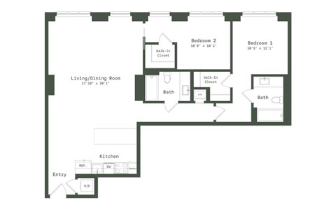 Floor plan for 2 beds, 2 baths, 1219 sqft
